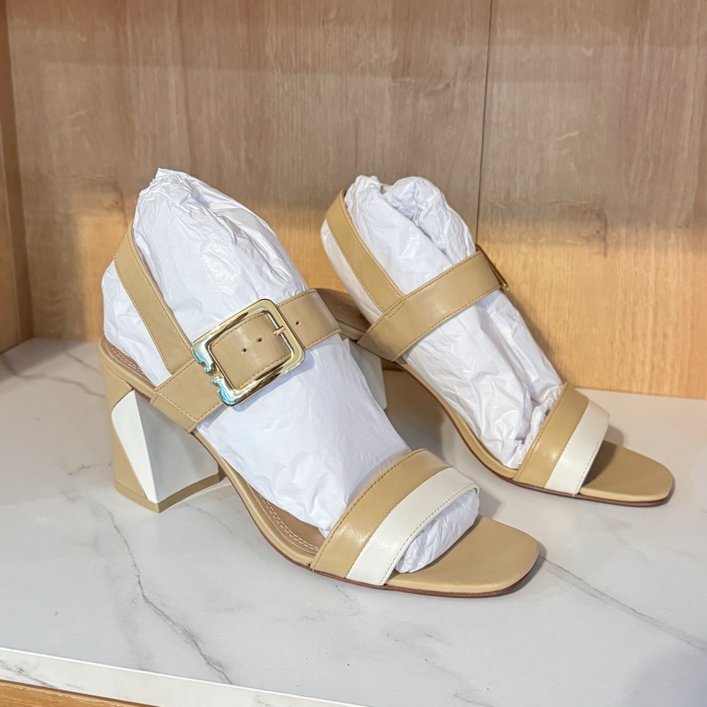Tory Burch Tan & Cream Leather Block Heel Slingback Sandals | Size 8.5